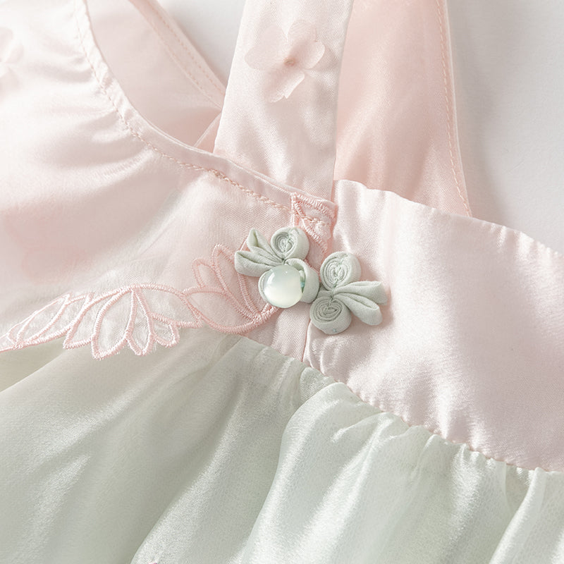 فستان صيفي للبنات الصغيرات من التول باللون الأخضر بتصميم صيني على شكل حرف A