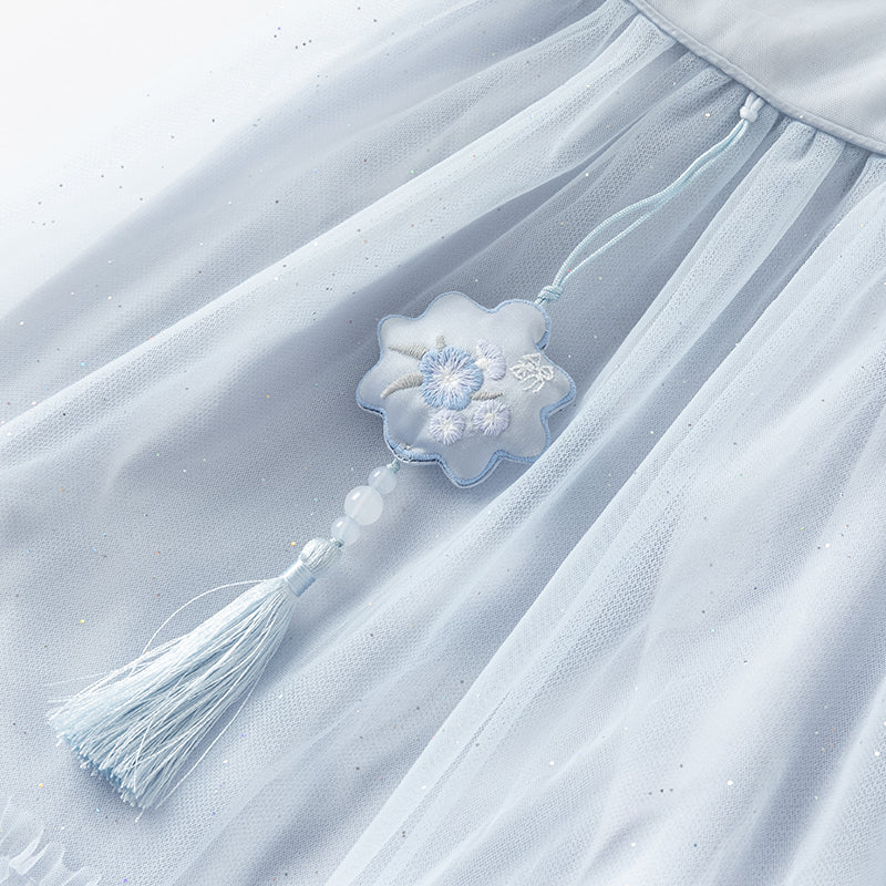 فستان صيفي للبنات الصغيرات من التول باللون بنفسجي مزرق بتصميم صيني