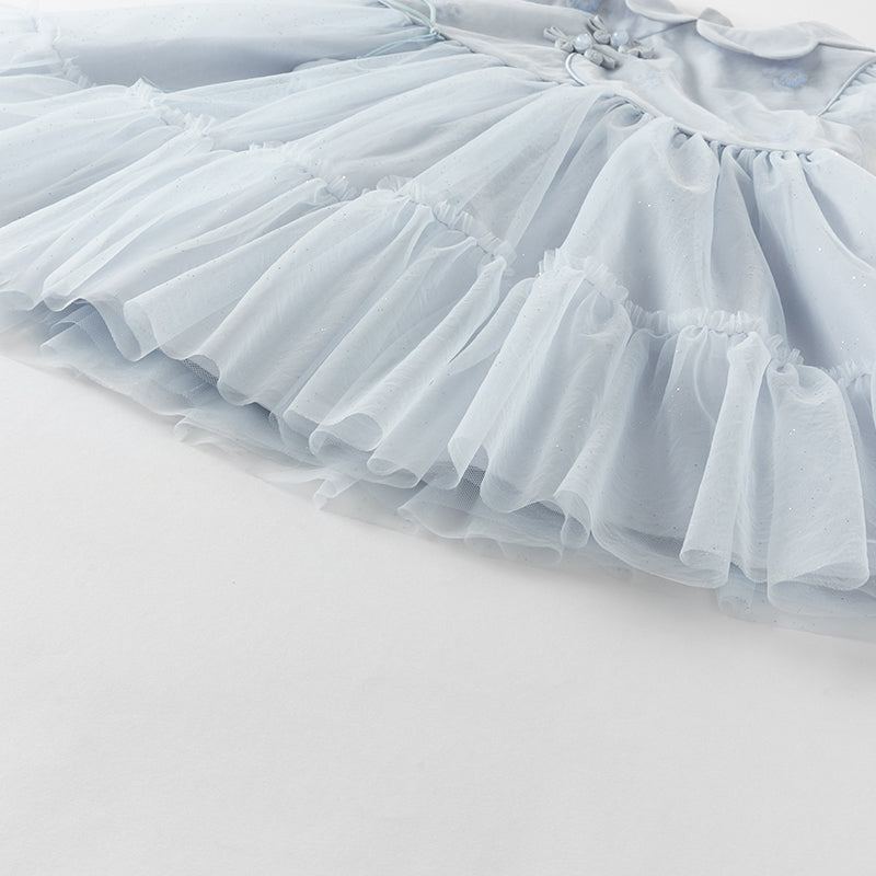 فستان صيفي للبنات الصغيرات من التول باللون بنفسجي مزرق بتصميم صيني