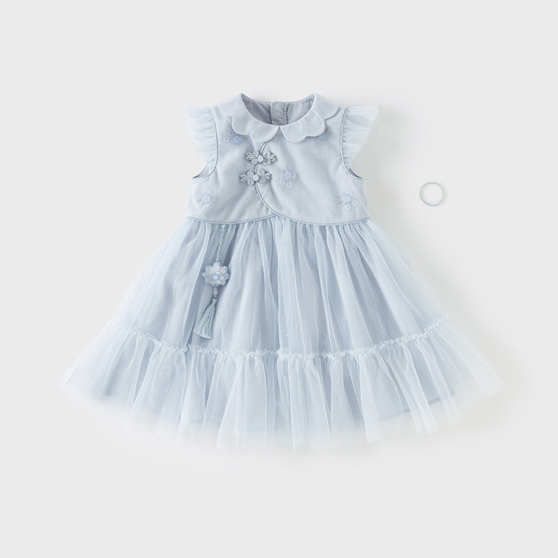 فستان صيفي للبنات الصغيرات من التول باللون بنفسجي مزرق بتصميم صيني