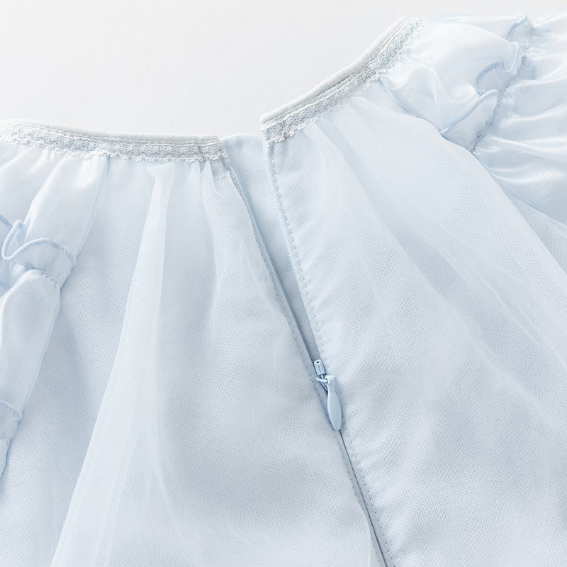 فستان بنات صيفي من التول باللون الأزرق بأسلوب لطيف