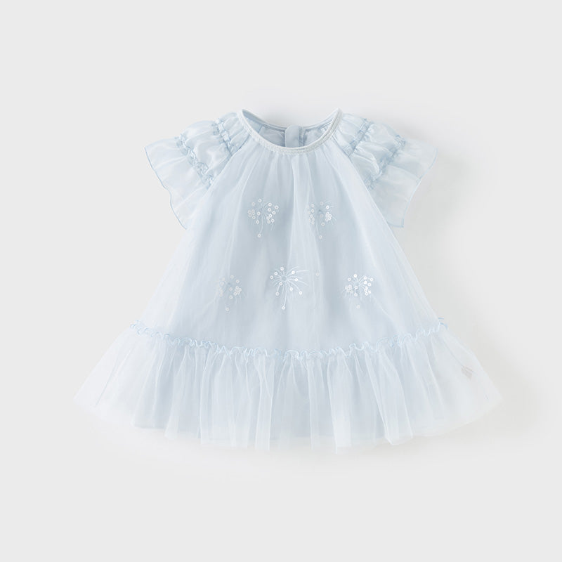 فستان بنات صيفي من التول باللون الأزرق بأسلوب لطيف