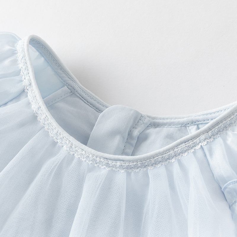 فستان بنات صيفي من التول باللون الأزرق بأسلوب لطيف