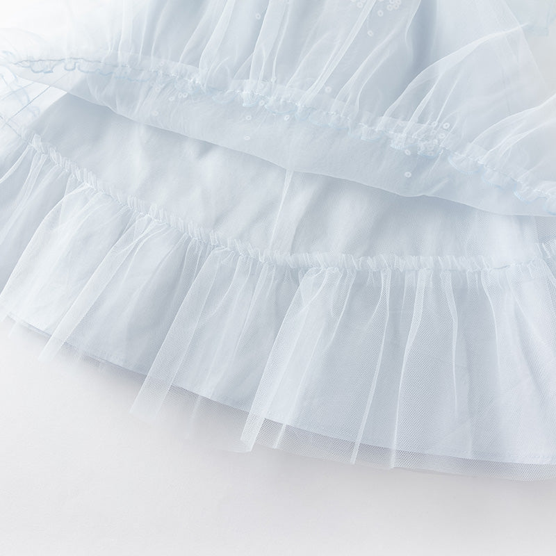 فستان بنات صيفي من التول باللون الأزرق بأسلوب لطيف