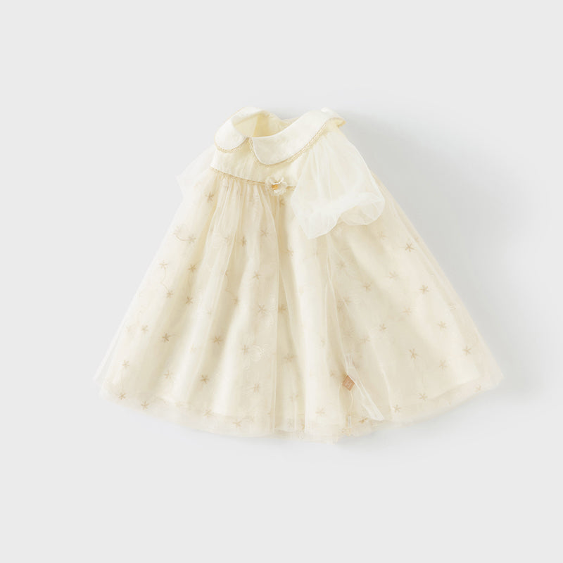 فستان صيفي للبنات الصغيرات من التول بأكمام فقاعة باللون البيج