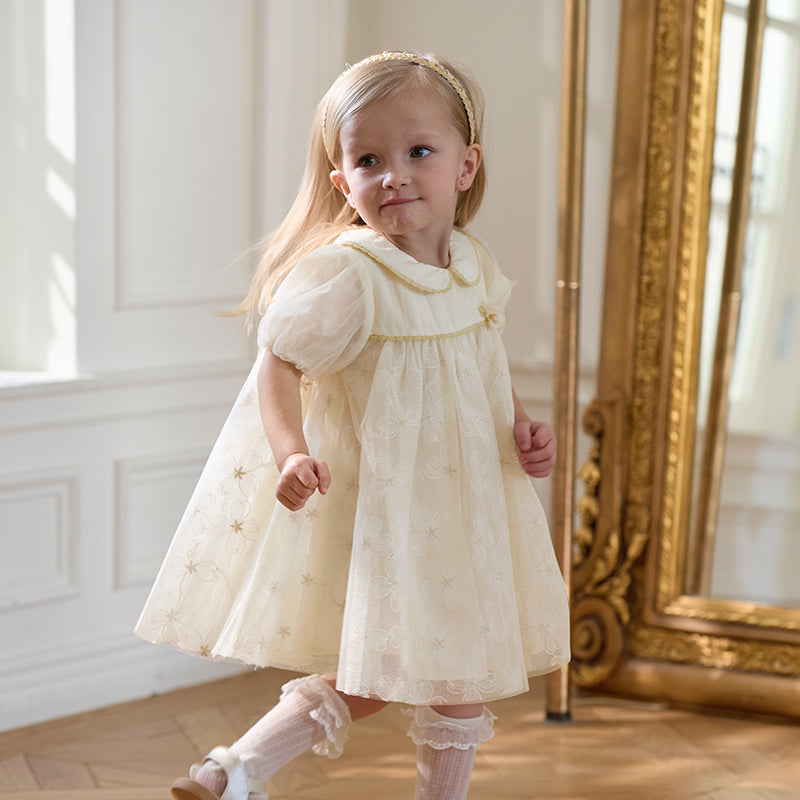 فستان صيفي للبنات الصغيرات من التول بأكمام فقاعة باللون البيج