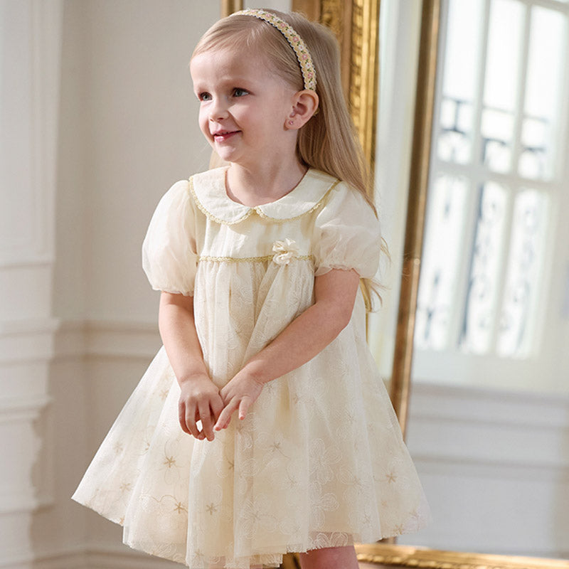 فستان صيفي للبنات الصغيرات من التول بأكمام فقاعة باللون البيج