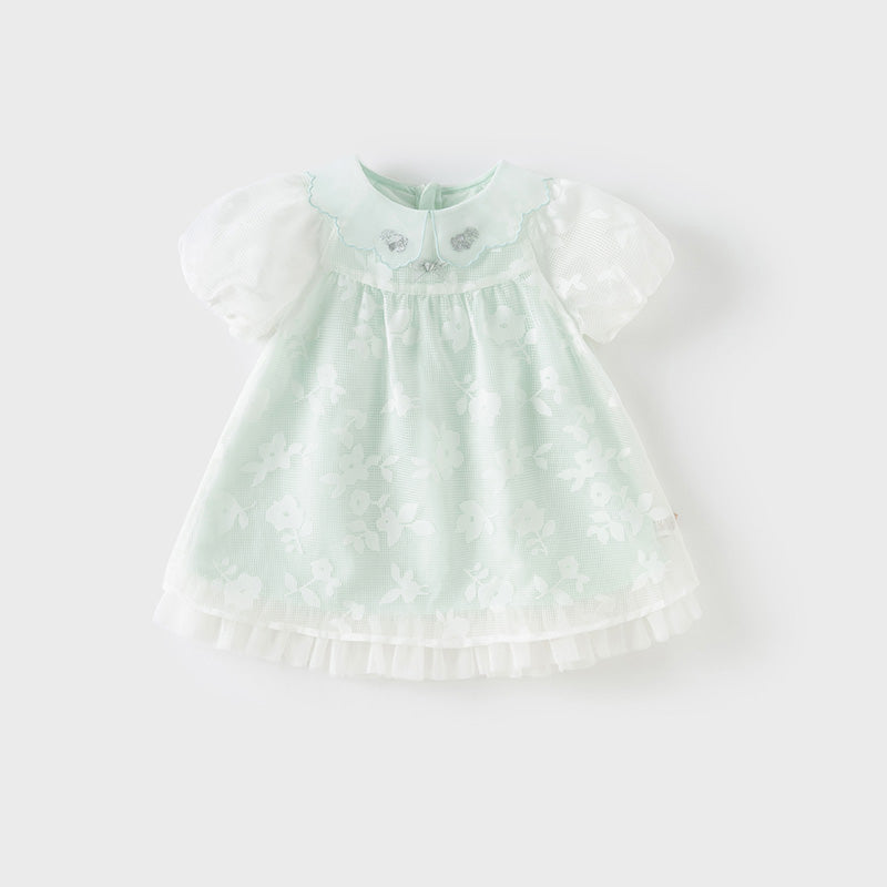 فستان صيفي للبنات الصغيرات من التول باللون الأخضر بأكمام فقاعة بتصميم أنيق