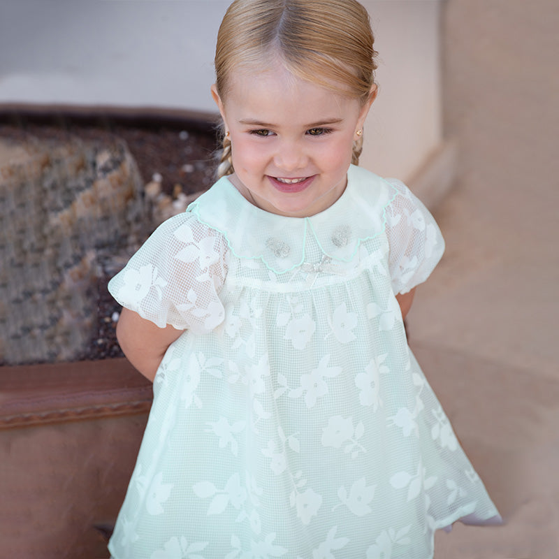فستان صيفي للبنات الصغيرات من التول باللون الأخضر بأكمام فقاعة بتصميم أنيق