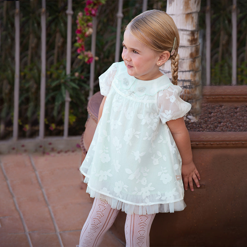 فستان صيفي للبنات الصغيرات من التول باللون الأخضر بأكمام فقاعة بتصميم أنيق