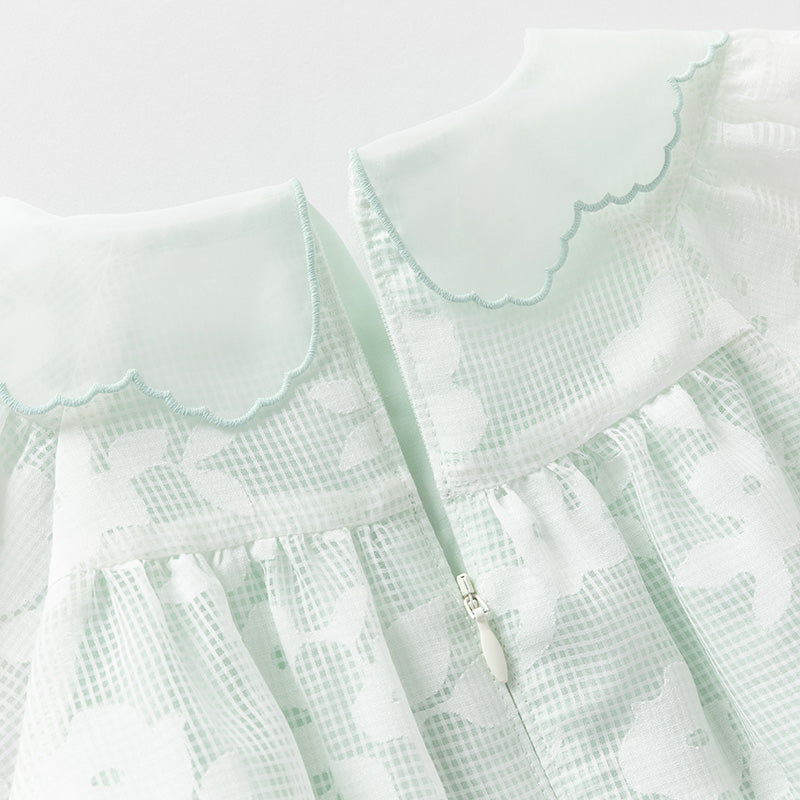 فستان صيفي للبنات الصغيرات من التول باللون الأخضر بأكمام فقاعة بتصميم أنيق