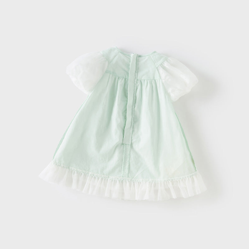 فستان صيفي للبنات الصغيرات من التول باللون الأخضر بأكمام فقاعة بتصميم أنيق