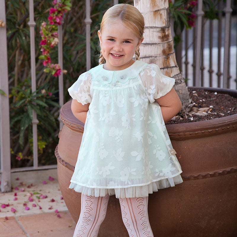 فستان صيفي للبنات الصغيرات من التول باللون الأخضر بأكمام فقاعة بتصميم أنيق