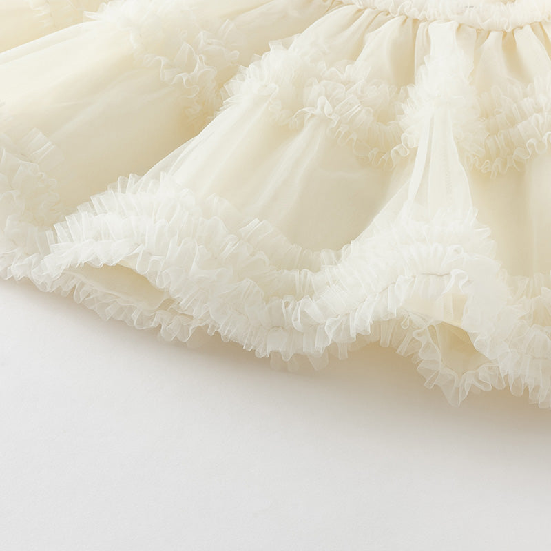 فستان أميرة شبكي للفتيات الصغيرات في الصيف باللون الأصفر الفاتح بدون أكمام مع تطريز