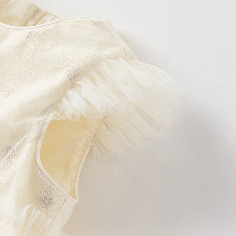 فستان أميرة شبكي للفتيات الصغيرات في الصيف باللون الأصفر الفاتح بدون أكمام مع تطريز