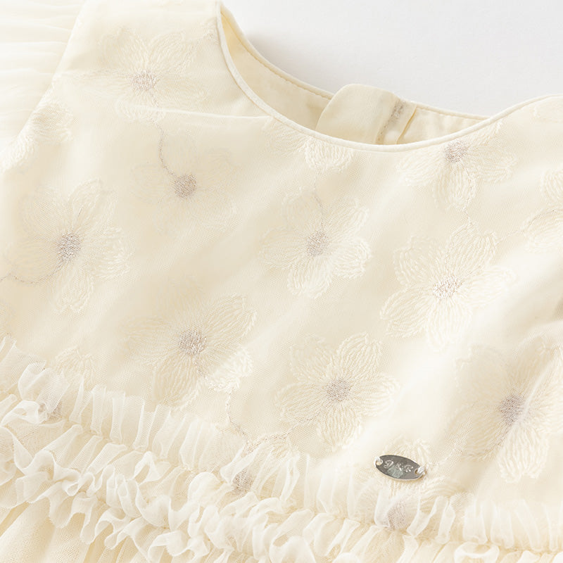 فستان أميرة شبكي للفتيات الصغيرات في الصيف باللون الأصفر الفاتح بدون أكمام مع تطريز