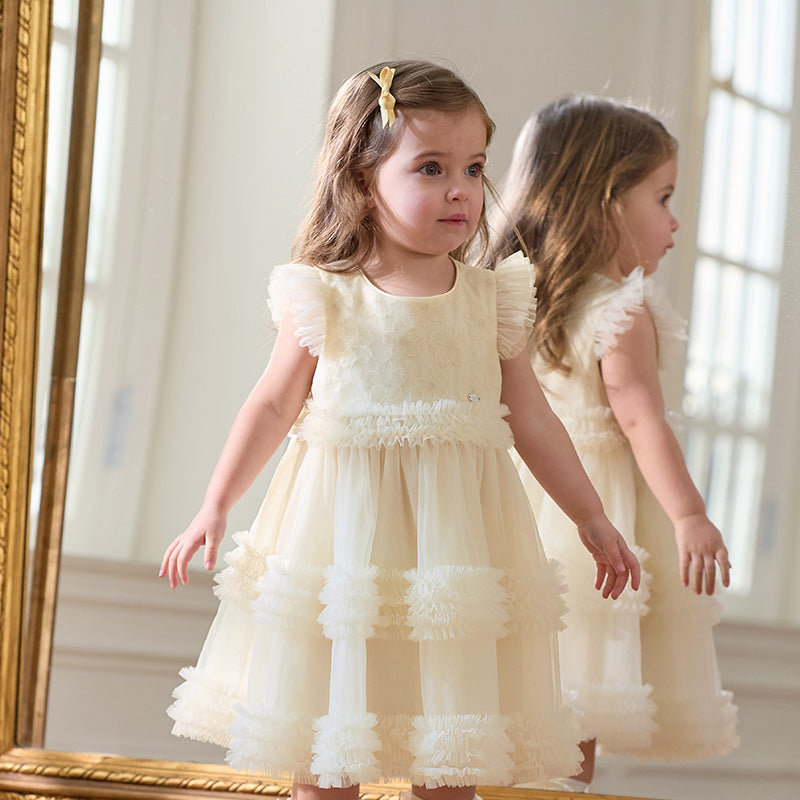 فستان أميرة شبكي للفتيات الصغيرات في الصيف باللون الأصفر الفاتح بدون أكمام مع تطريز