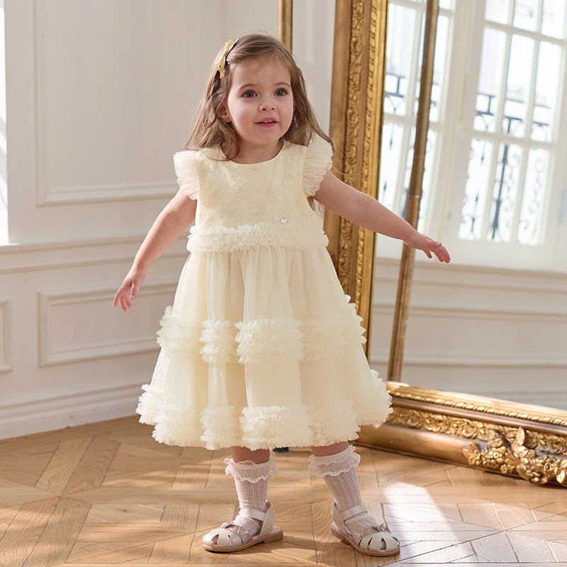 فستان أميرة شبكي للفتيات الصغيرات في الصيف باللون الأصفر الفاتح بدون أكمام مع تطريز