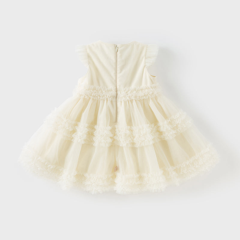 فستان أميرة شبكي للفتيات الصغيرات في الصيف باللون الأصفر الفاتح بدون أكمام مع تطريز