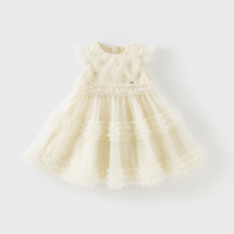 فستان أميرة شبكي للفتيات الصغيرات في الصيف باللون الأصفر الفاتح بدون أكمام مع تطريز