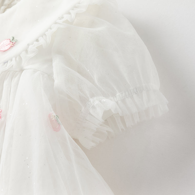 فستان صيفي للبنات باللون الأبيض العاجي بأكمام منفوشة من شبكة (يشمل حقيبة كتف)