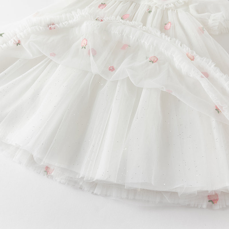 فستان صيفي للبنات باللون الأبيض العاجي بأكمام منفوشة من شبكة (يشمل حقيبة كتف)