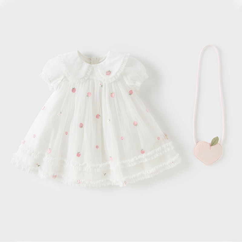 فستان صيفي للبنات باللون الأبيض العاجي بأكمام منفوشة من شبكة (يشمل حقيبة كتف)