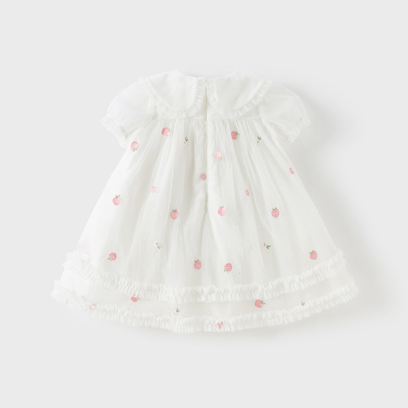 فستان صيفي للبنات باللون الأبيض العاجي بأكمام منفوشة من شبكة (يشمل حقيبة كتف)