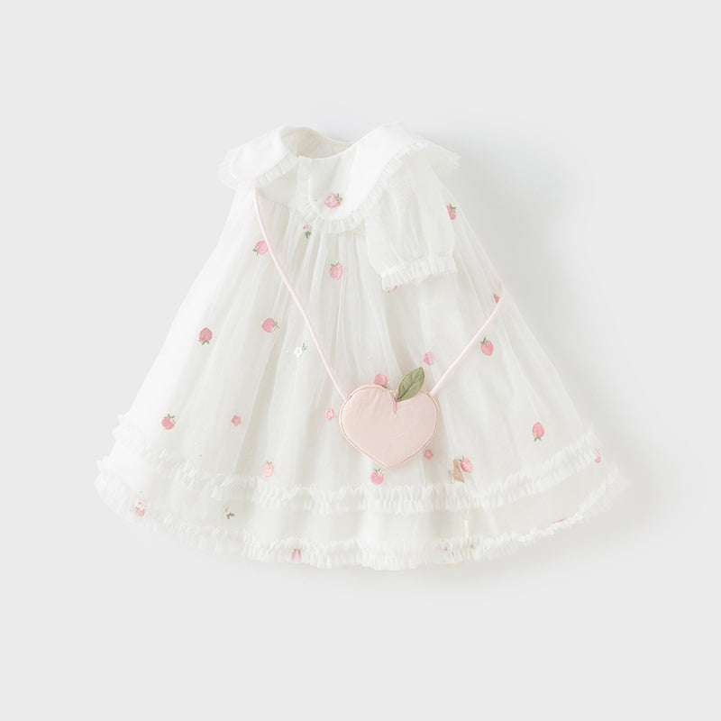 فستان صيفي للبنات باللون الأبيض العاجي بأكمام منفوشة من شبكة (يشمل حقيبة كتف)