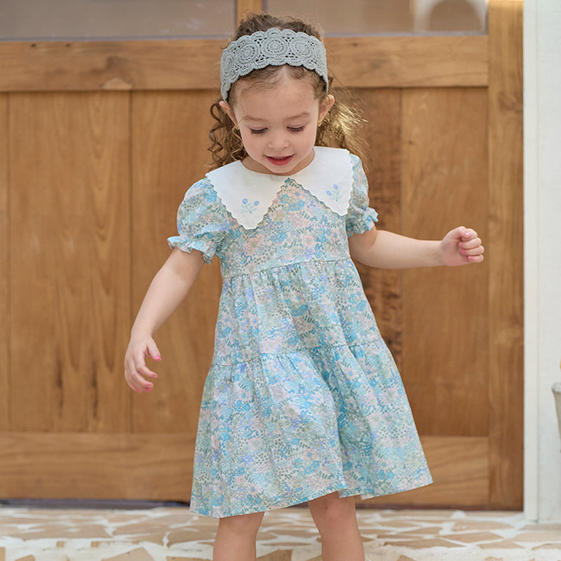 فستان بنات صيفي من القطن الخالص بأكمام منفوشة بطباعة زهرية