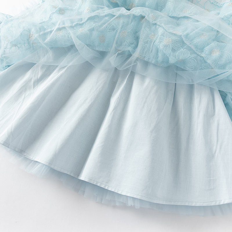 فستان صيفي للبنات الصغيرات من التول الأزرق مع دانتيل (يشمل طوق شعر)