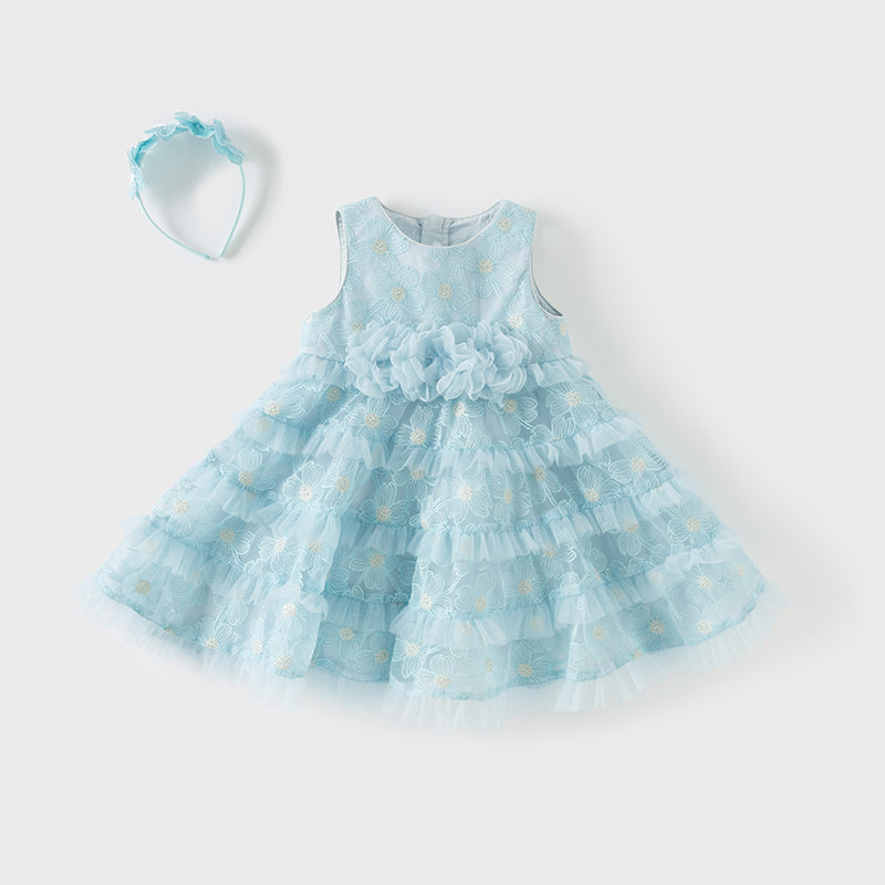 فستان صيفي للبنات الصغيرات من التول الأزرق مع دانتيل (يشمل طوق شعر)