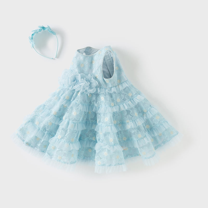فستان صيفي للبنات الصغيرات من التول الأزرق مع دانتيل (يشمل طوق شعر)