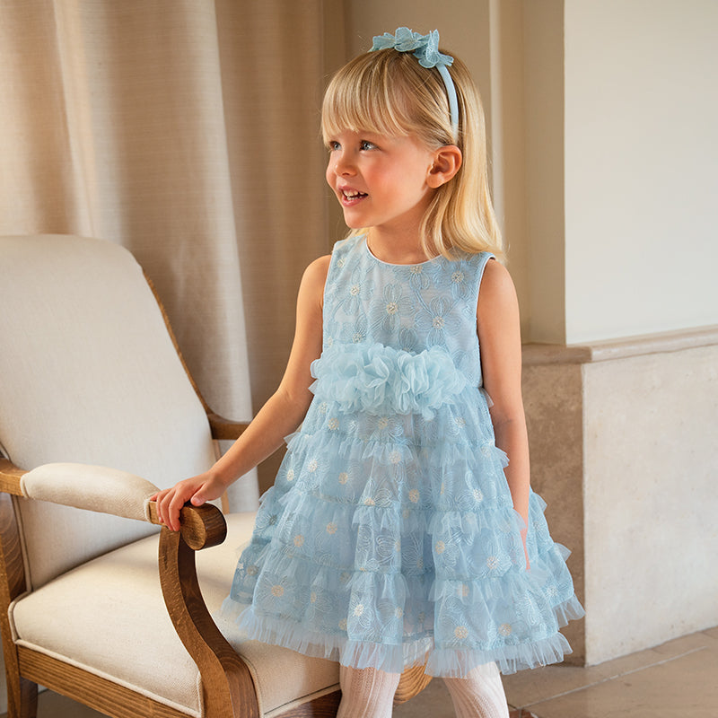 فستان صيفي للبنات الصغيرات من التول الأزرق مع دانتيل (يشمل طوق شعر)