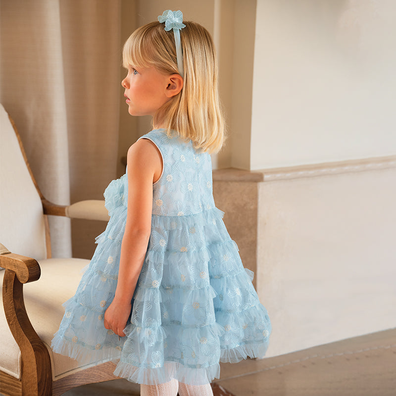 فستان صيفي للبنات الصغيرات من التول الأزرق مع دانتيل (يشمل طوق شعر)