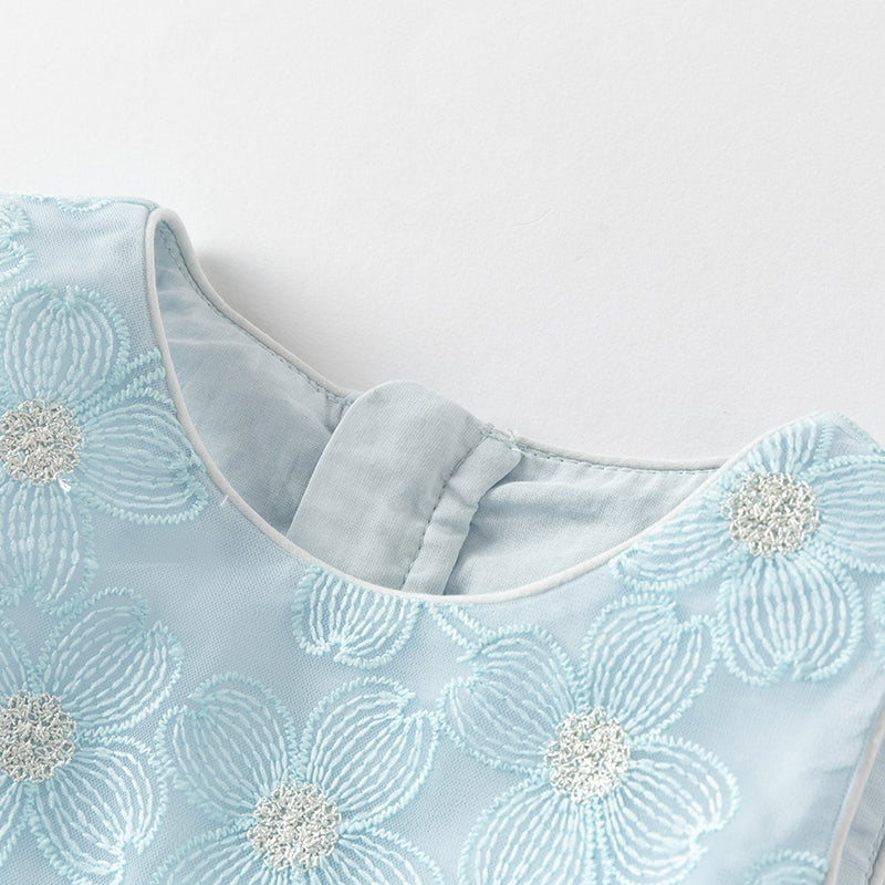 فستان صيفي للبنات الصغيرات من التول الأزرق مع دانتيل (يشمل طوق شعر)