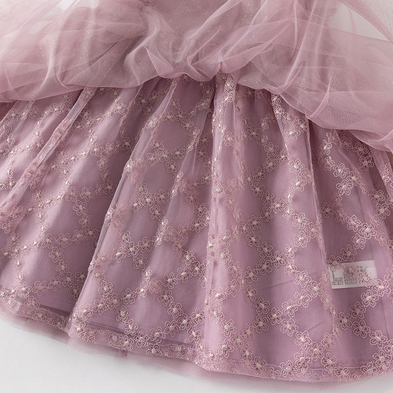 فستان صيفي للبنات الصغيرات من التول باللون بنفسجي غباري بأكمام مزخرفة متطايرة (يشمل حقيبة كروس)