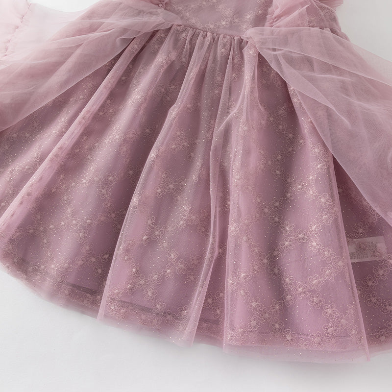 فستان صيفي للبنات الصغيرات من التول باللون بنفسجي غباري بأكمام مزخرفة متطايرة (يشمل حقيبة كروس)