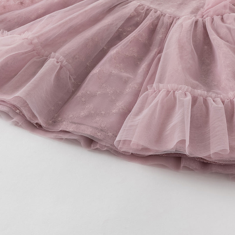 فستان صيفي للبنات الصغيرات من التول باللون بنفسجي غباري بأكمام مزخرفة متطايرة (يشمل حقيبة كروس)