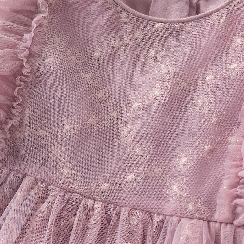 فستان صيفي للبنات الصغيرات من التول باللون بنفسجي غباري بأكمام مزخرفة متطايرة (يشمل حقيبة كروس)