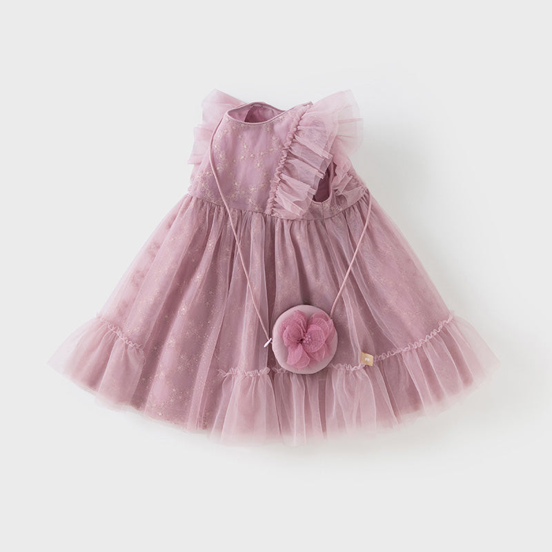 فستان صيفي للبنات الصغيرات من التول باللون بنفسجي غباري بأكمام مزخرفة متطايرة (يشمل حقيبة كروس)