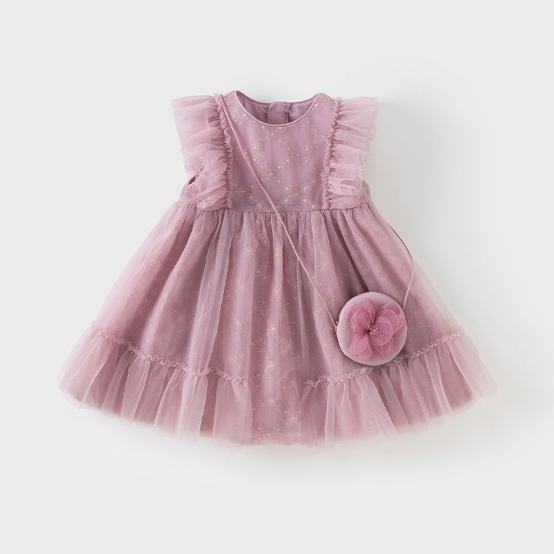 فستان صيفي للبنات الصغيرات من التول باللون بنفسجي غباري بأكمام مزخرفة متطايرة (يشمل حقيبة كروس)