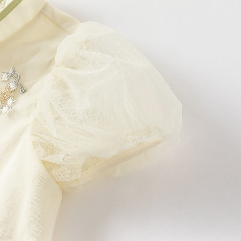 فستان بنات صيفي من التول باللون الأصفر الفاتح بأسلوب صيني عصري