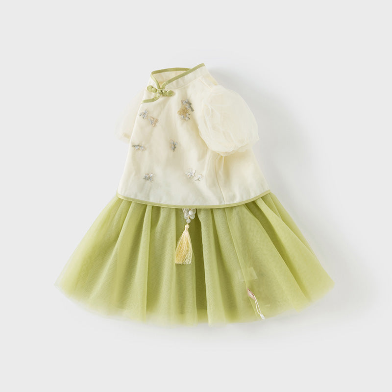 فستان بنات صيفي من التول باللون الأصفر الفاتح بأسلوب صيني عصري