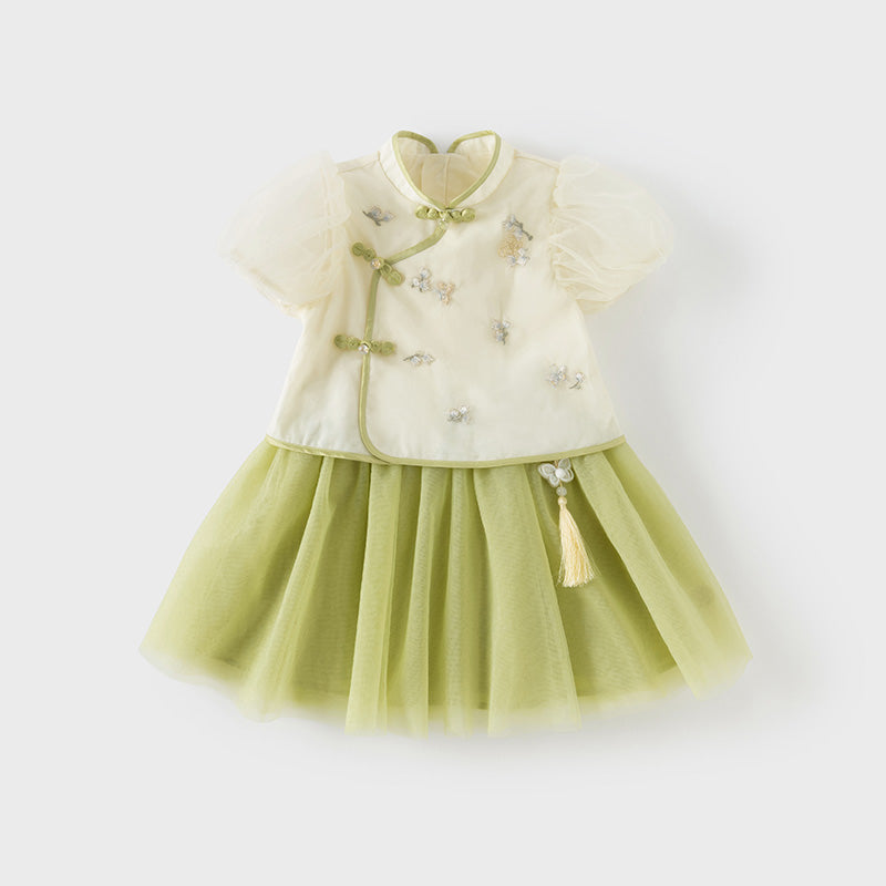 فستان بنات صيفي من التول باللون الأصفر الفاتح بأسلوب صيني عصري