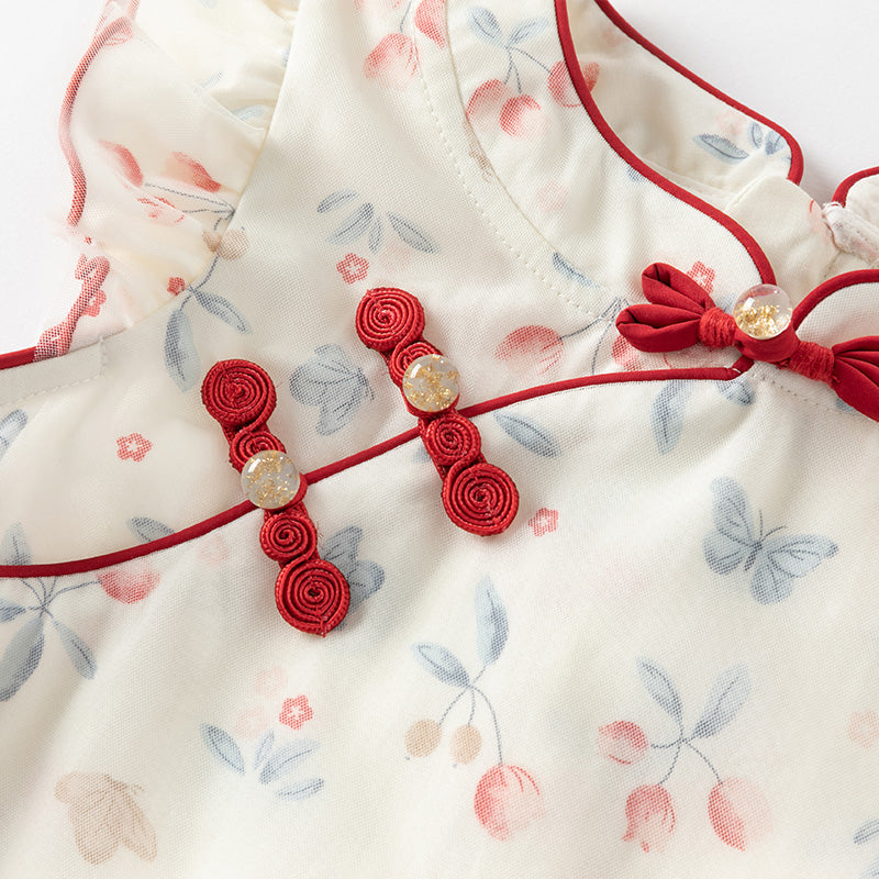 فستان بنات صيفي من التول مطبوع بالزهور تصميم صيني