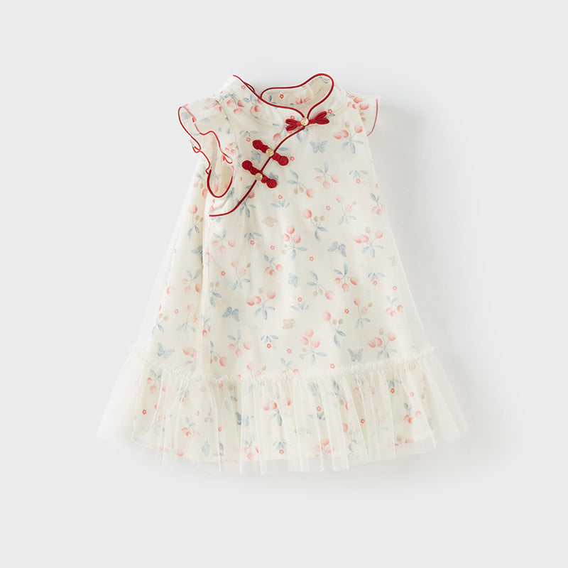 فستان بنات صيفي من التول مطبوع بالزهور تصميم صيني