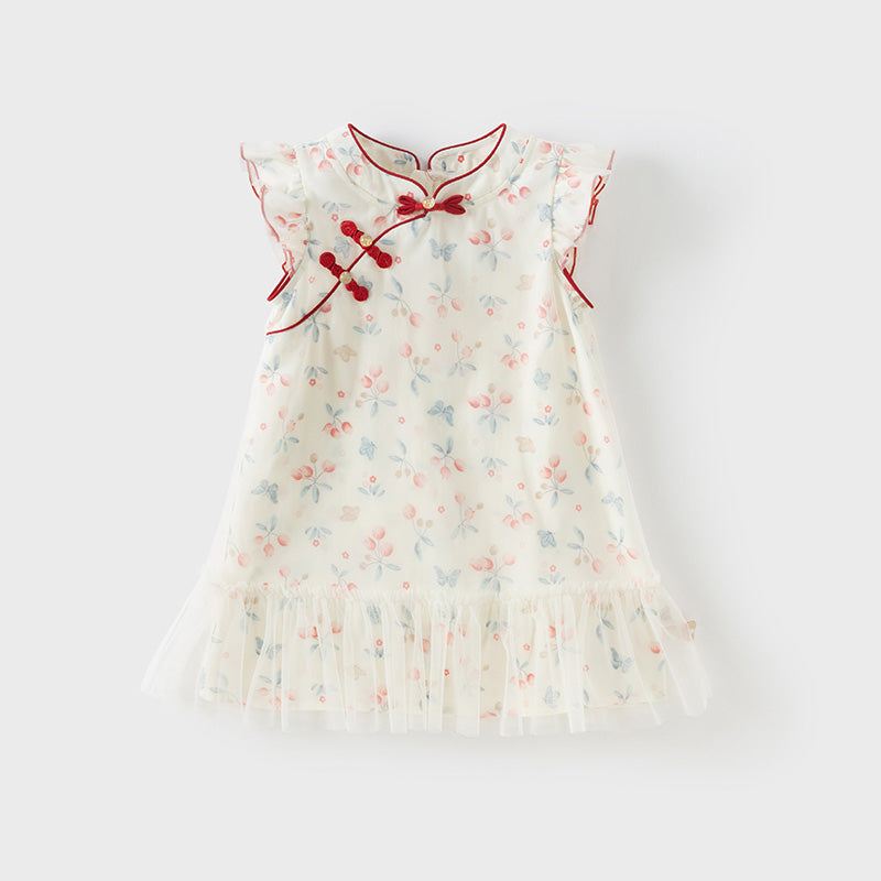 فستان بنات صيفي من التول مطبوع بالزهور تصميم صيني