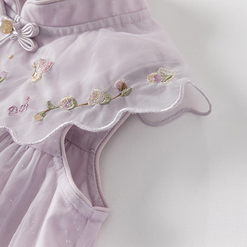 فستان صيفي للفتيات الصغيرات باللون البنفسجي الغباري من قماش شبكي مطرز بدون أكمام على طراز الأميرة