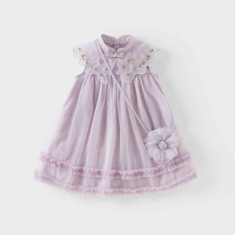 فستان صيفي للفتيات الصغيرات باللون البنفسجي الغباري من قماش شبكي مطرز بدون أكمام على طراز الأميرة